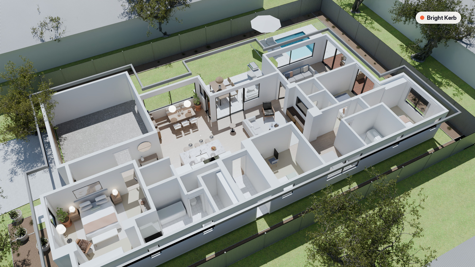 Photoreal furnished cutaway view of a single-storey home