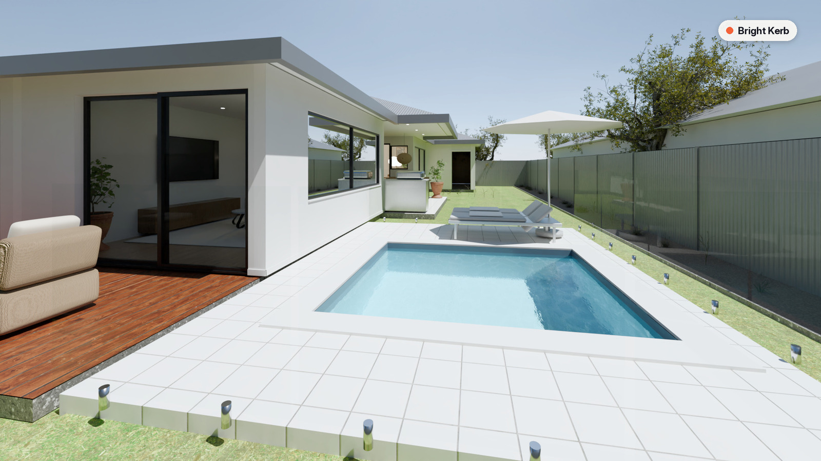 Photoreal render of an alfresco area and pool on a sunny day