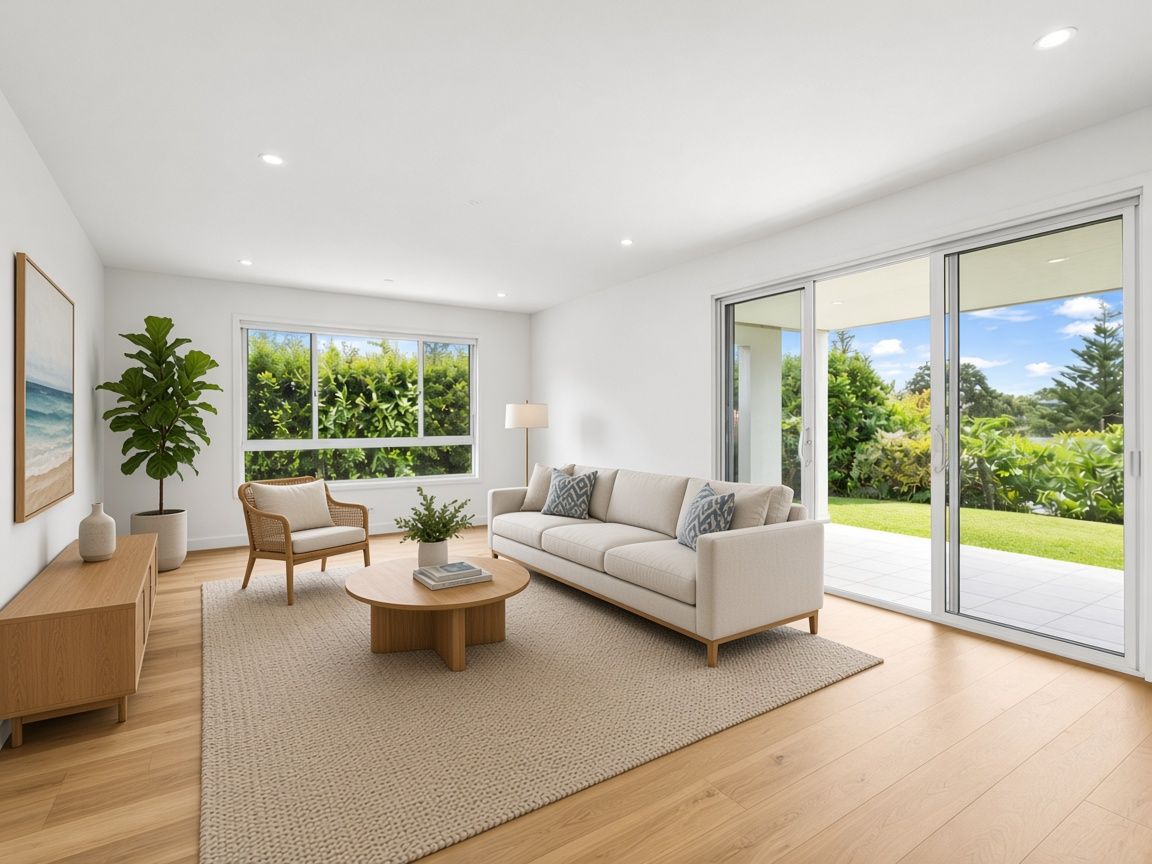 Living room after virtual staging, with sofa, rug, coffee table and decor